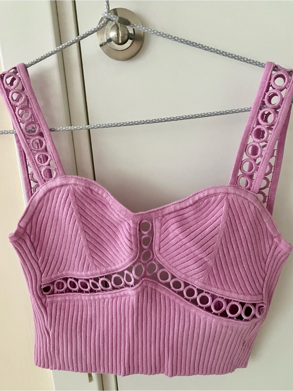 Marciano Lilac Ribbed Crochet-Detail Crop Top